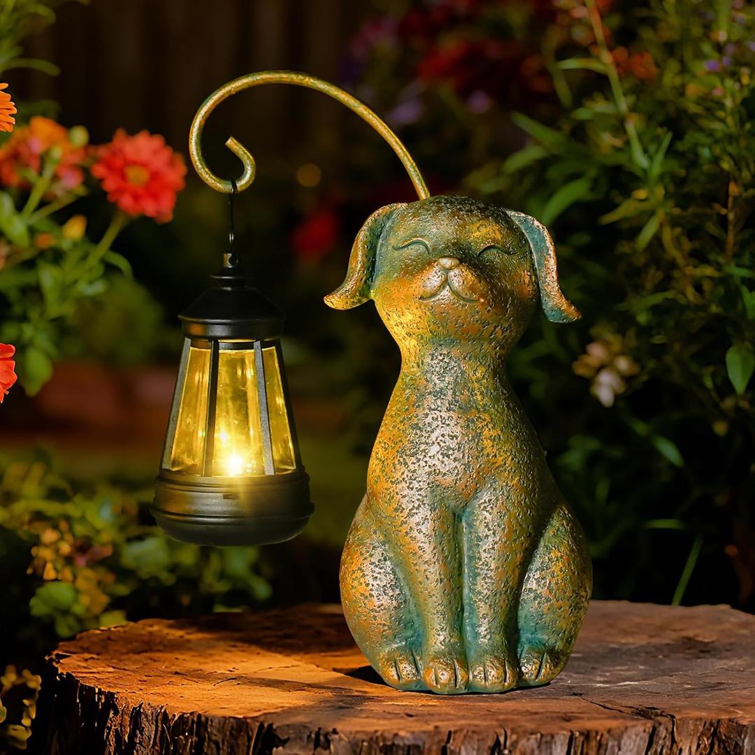 Solar Garden Decor Dog Statues with Lantern,Waterproof Resin Solar Outdoor Statue Decoration for Yard, Lawn, Flower Bed, Backyard, Front Yard, Patio, Balcony Gift for Dog Lovers