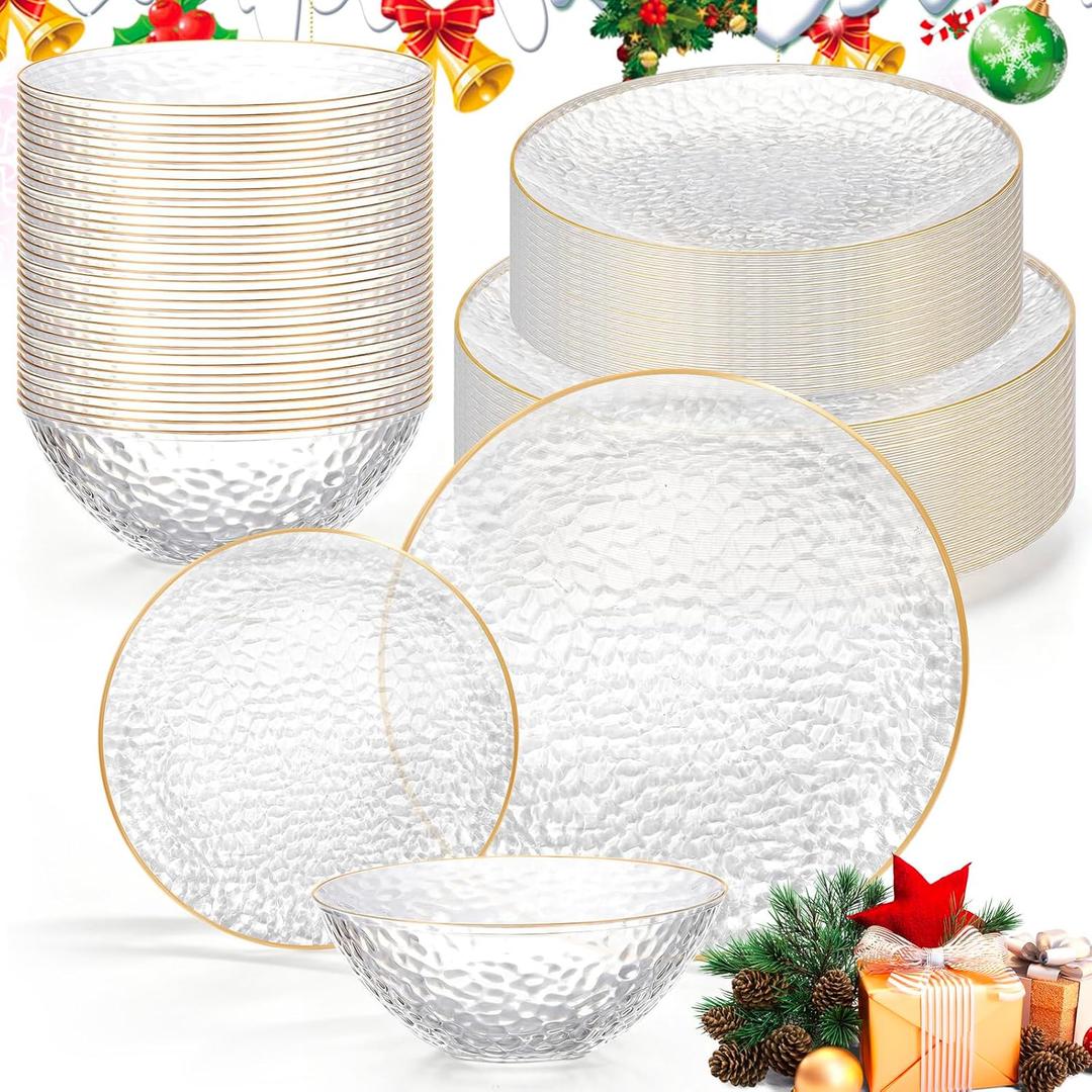 Havawish 90 90 Pcs Clear Plastic Plates and Bowls Set for 30 Guests Hammered Clear Disposable with Gold Rim Heavy-duty Christmas Include 60 Plastic Plates, 30 Bowls for Wedding, Party (Transparent)