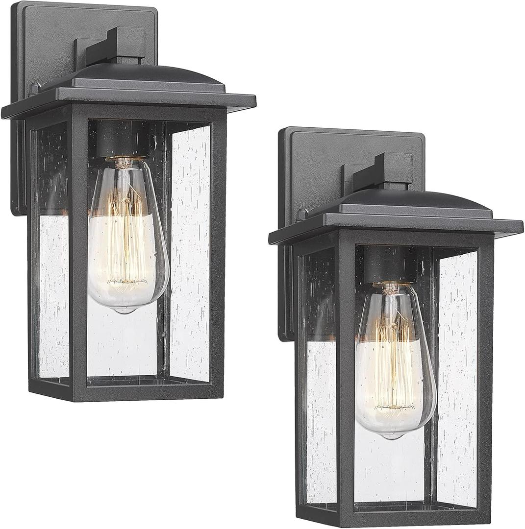 Outdoor Wall Sconces 2 Pack, Exterior Light Lantern Fixtures, Porch Light Lamps Outdoor Wall Mounted in Black Finish with Seeded Glass for House, Garage, Patio, Yard, Garden Black