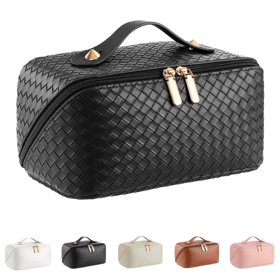 Large Capacity Travel Cosmetic Bag - Portable Makeup Bags for Women Waterproof PU Leather Checkered Makeup Organizer Bag with Dividers and Handle,Toiletry Bag for Cosmetics