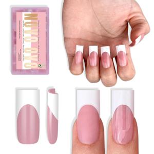 NOVO OVO Medium Sharp Square White French Tip Nail Tips Press on BERRY PINK, Extra Thick NEED Builder Glue Gel & Top Coat, Soft Gel Full Cover False Fake Nail Extension for Salon DIY x 15 Sizes 180 pc