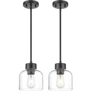 2-Pack Pendant Lights Kitchen Island, 7" Matte Black Hanging Lights Fixtures with Clear Glass Shade, Modern Kitchen Pendant Lighting Over Island for Dining Room, AD-24024-1P2-BK
