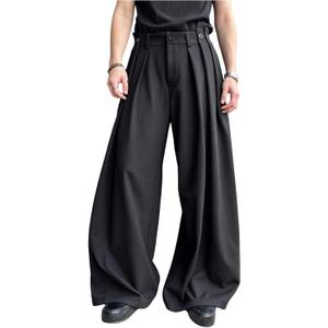 GORGLITTER Men's Work Dress Pants Slacks Baggy Pleated Wide Leg High Waisted Business Casual Lightweight Trousers Black Small