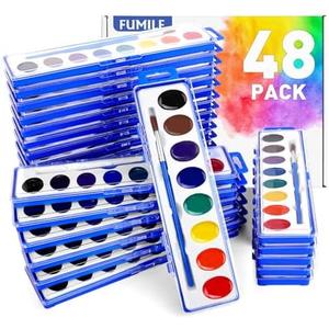 FUMILE Watercolors Paint Set Bulk, 48 Pack 8 Washable Bright Colors with Paintbrush.Watercolors Paint Set Kids for Parties, Art Lessons, Birthday Party Favor, Back to school, All Ages