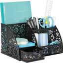 EasyPAG Elegant Floral Desk Organizer with Sliding Drawer - 6 Compartments Metal Desktop Caddy, Decorative Hollow Flower Design, Anti-Scratch Pads for Home, Office, School, Black (Z Style, Black)