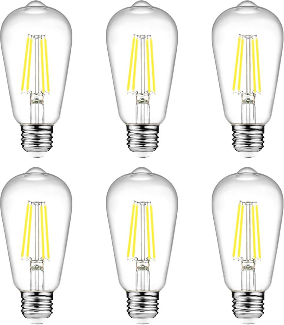 Ascher Vintage LED Edison Bulbs, 6W, Equivalent 60W, Non-Dimmable, Daylight 5000K, 700Lumens, ST58 Antique LED Filament Bulbs with 80+ CRI, E26 Medium Base, Clear Glass, Pack of 6