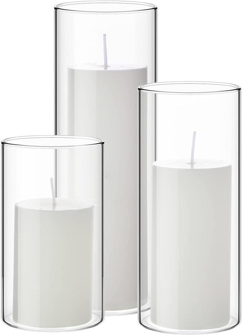 Shihanee Set of 3 Pillar Candles and 3 Glass Cylinder Candle Vases Holders Clear Pillar Jars for Wedding Centerpieces(2.6'' X 4.7'', 5.9'', 7.9'',White)