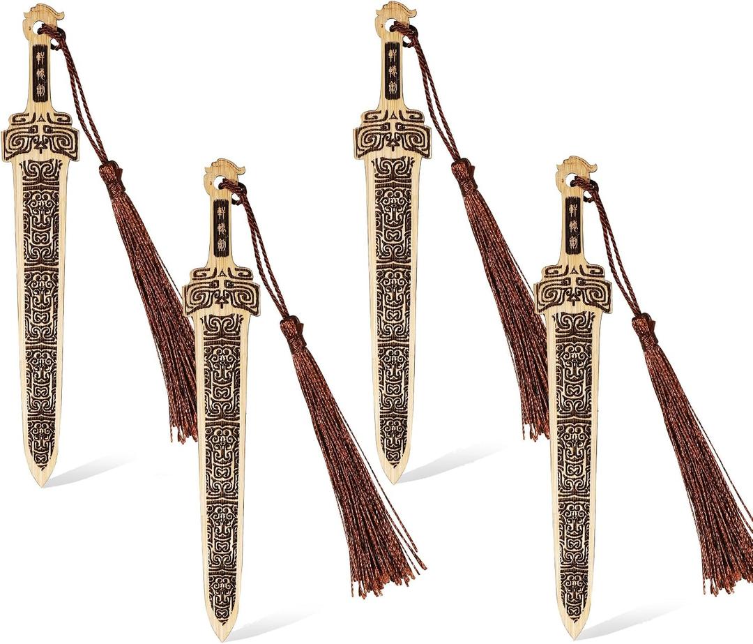 Bamboo Bookmark, 4 Pcs Unique Vintage Reading Book Markers with Tassels, Gift Box Set Ideal for Book Lover Librarian Readers Bookworm (Sword Style)