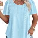 ROSRISS Plus-Size Tops for Women Summer Trendy Eyelet Puff Short Sleeve T Shirts Casual Crewneck Solid Color Tunics 3XL