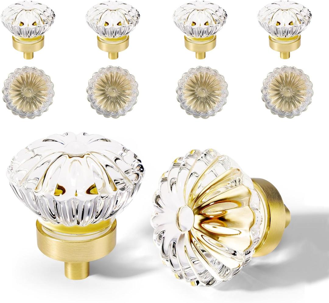 Brushed Gold Crystal Cabinet Knobs Cabinets Knob, 8 Pack Flower Vintage Glass Clear Crystal Small Pull For Closet Dresser Drawers Cupboard Wardrobe, Solid Alloy Retro Pulls Old Fashioned Drawer Handle