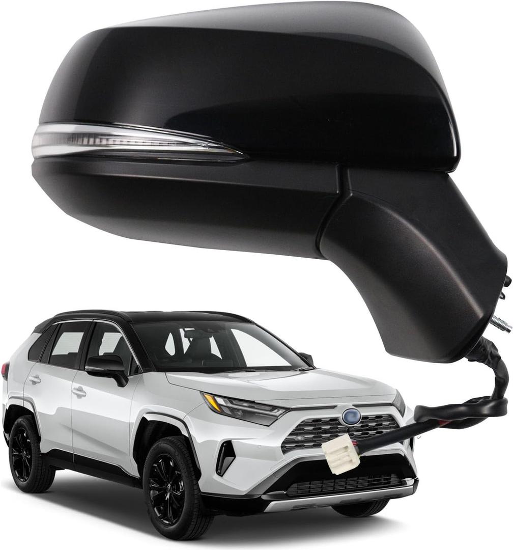 for Toyota RAV4 Side Mirror Assembly Passenger Side 2019 2020 2021 2022 2023 2024|Power|Heated|Turn Signal|BSM (Blind Spot Monitoring) | Replaces TO1321384,TO1321388| Black (RH)