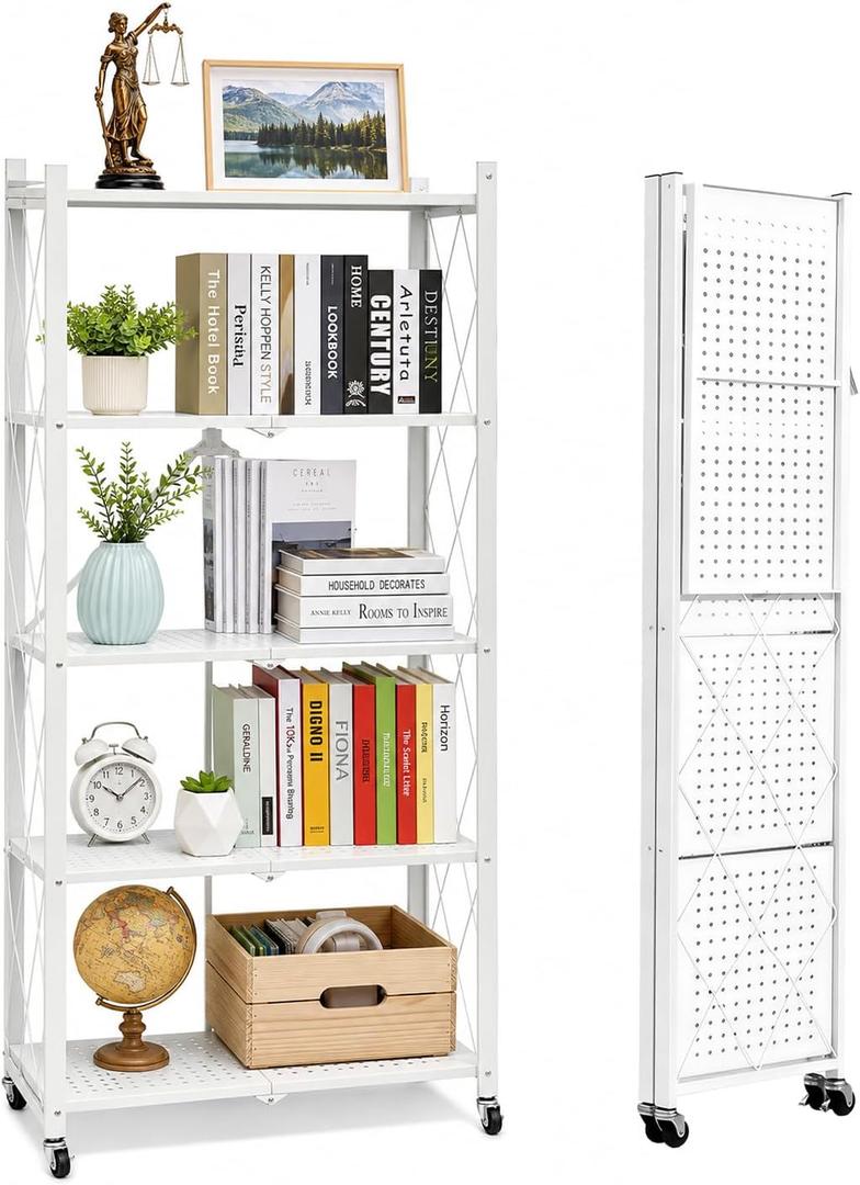 5 Tier Foldable Storage Shelf with Wheels, Heavy-Duty Metal Shelving Unit, No Assembly Book Shelf Rolling Storage Rack for Garage, Kitchen, Pantry, Closet, Exhibition, Office Decor, White