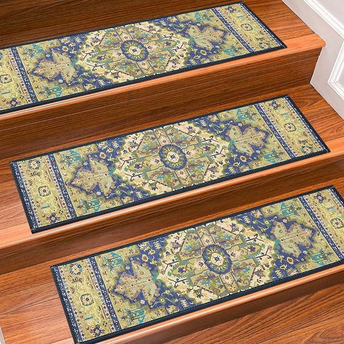 Stair Treads for Wooden Steps Indoor, 15 Pack 8" X 30" Non Slip Carpet Stair Treads with Reusable Adhesive for Kids Elders and Dogs, TPR Backing Stair Rugs Oriental Staircase Step Treads, Bohemia