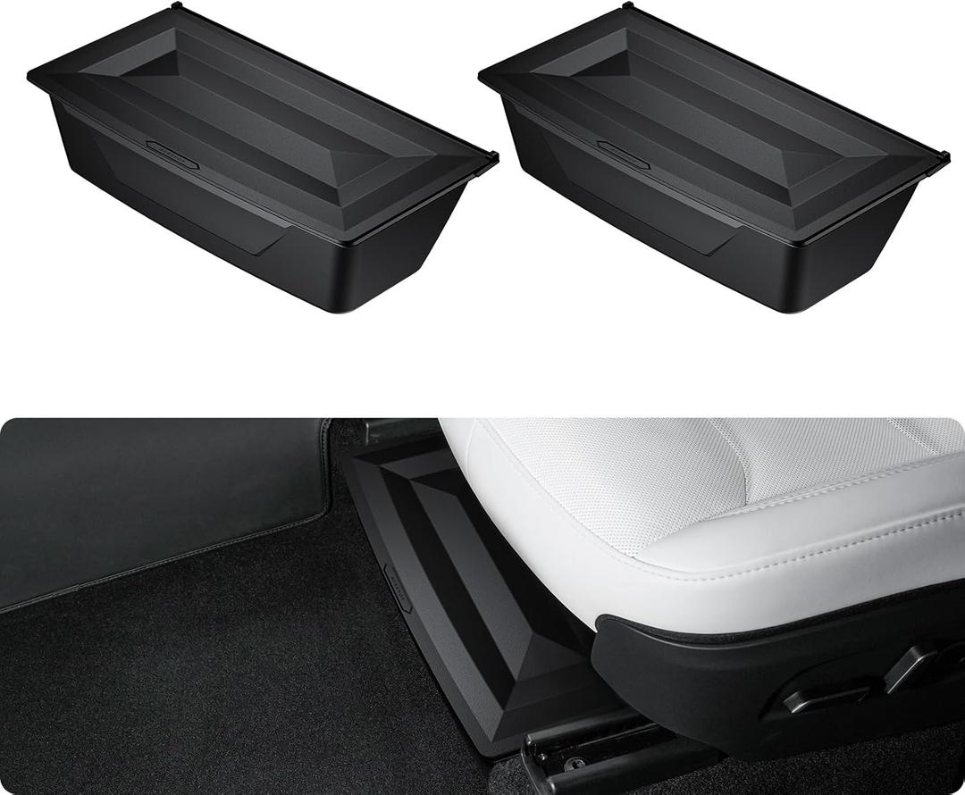 BASENOR 2PCS 2026 Tesla Model Y Juniper Under Seat Storage Box, Hidden Organizer Tray [No-Slip] with Dust Lid, Underseat Storage for 2025 2026 Model Y Juniper