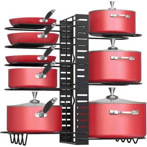Podxco Pot and Pan Organizer for Under Cabinet, 8 Tiers Adjustable Pan Organizers Inside Cabinet with 3 DIY Methods, Upgrade of Pan Organizer Balance Ability, Kitchen Pan Rack Organizer for Cabinet (16.5"H)