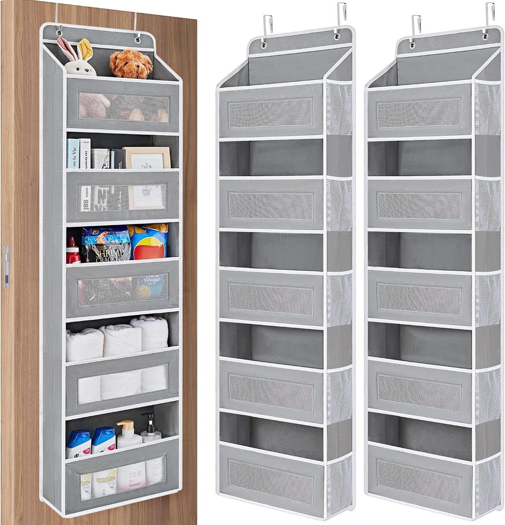 JARLINK 2 Pack Over the Door Organizer Storage, 5 Shelf Hanging Door Organizer with 5 Large Capacity Pockets, Anti Tilt 44 lb Load Behind Door Storage for Bedroom, Bathroom, Pantry, Nursery, (Grey)