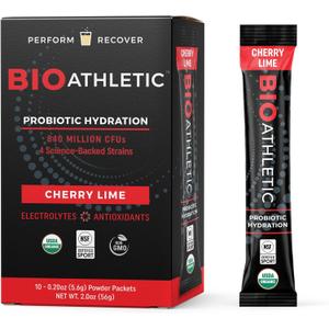 Probiotic + Electrolyte Hydration Drink Mix, with Vitamins D & B12, USDA Organic, NSF Certified for Sport, Subtle Cherry Lime Flavor, Naturally Light Taste, 10 Sticks