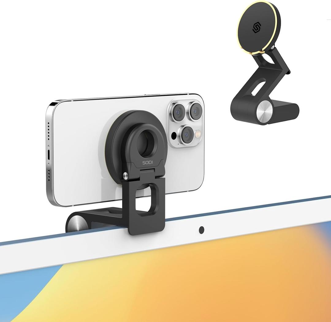 SODI Continuity Camera Mount for Desktop Monitor & iMac, Detachable iPhone Webcam Mount, Adjustable Magnetic Phone Stand for iPhone 17 Pro/Max 16/15/14/13/12 and Mac TV 4K Display OS Ventura (Black)