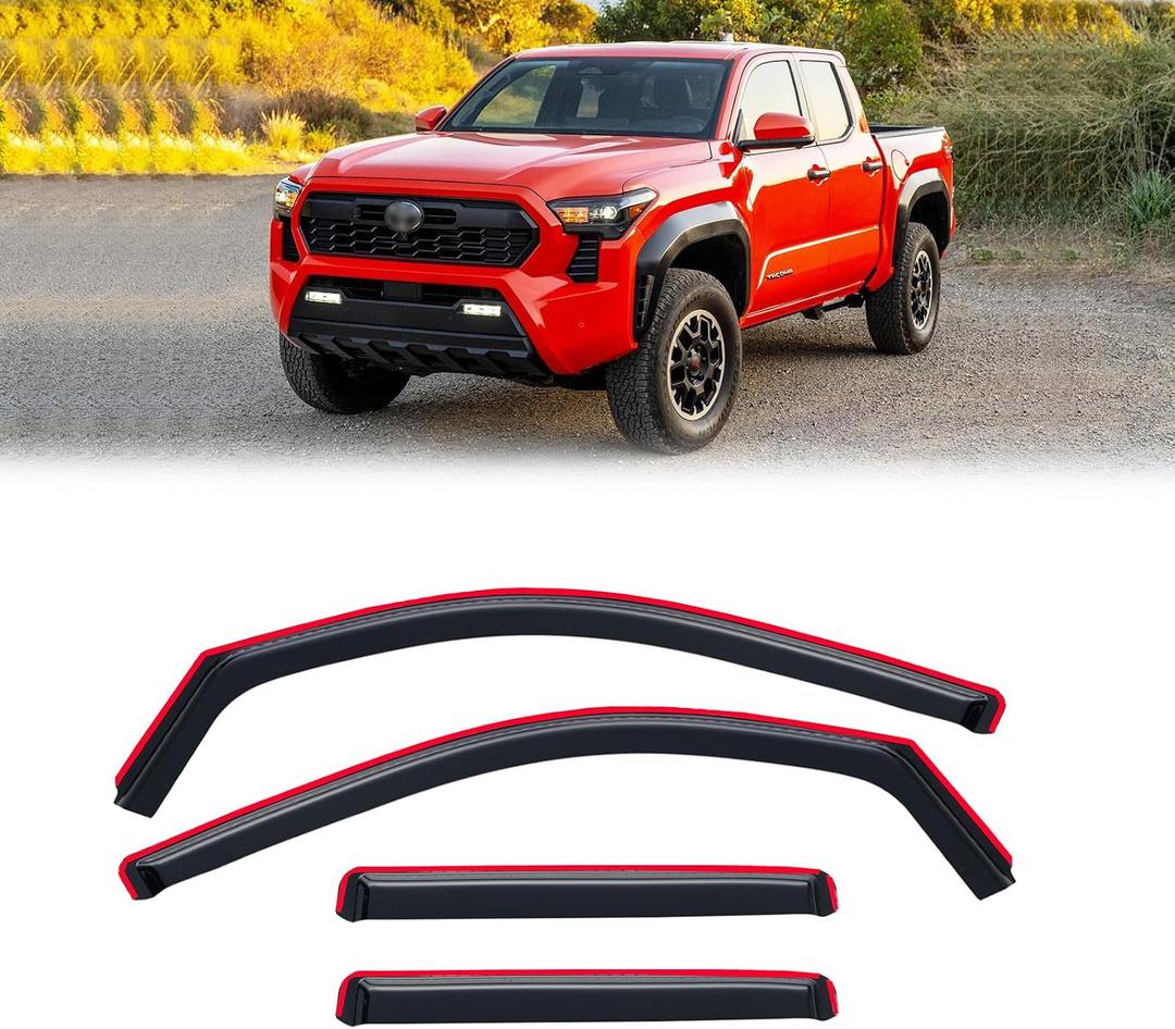 in-Channel Rain Guards for Toyota Tacoma 2024-2026 Double/Crew cab, Window Visor Shields Vent Deflector Shade Wind Dark Smoke 2025 24 25 26, Tape-On Inside-Mount, 4PCS