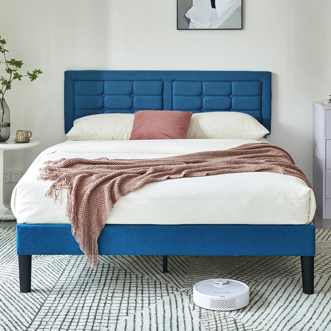 VECELO Full Size Bed Frame with Headboard, Upholstered Button Tufted Platform Bedframe with Wood Slats Support, No Box Spring Needed, Aegean Blue
