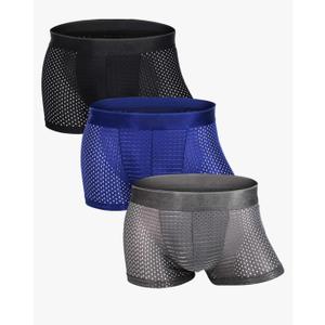 Mens Sexy Underwear ice silk Mesh Breathable Anti-Chafing Long Leg Boxer Briefs Cool Hollow Trunks, M