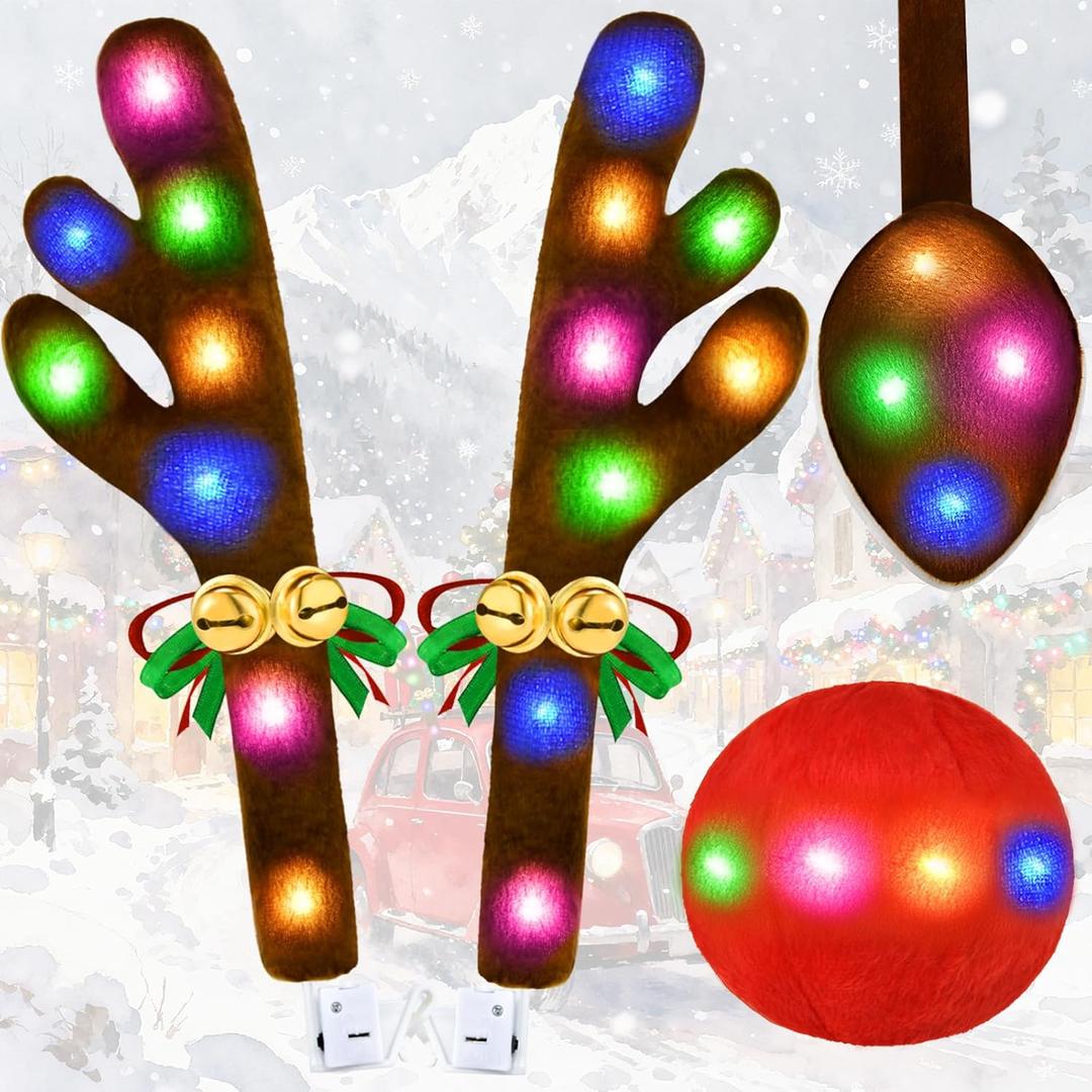 Christmas Car Decorations Reindeer Car Kit Antlers with Lights, Jingle Bells Rudolph Reindeer and Nose, Tail Cute Costume Auto Accessories for Trunk Vehicles SUV Antenna Toppers Multicolor