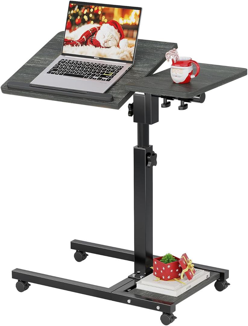 Furist Overbed Table with Wheels Adjustable Height, Mobile Standing Stand Up Rolling Laptop PC Desks with Tilting Top Height Tray Side Computer Workstation for Bedroom on Hospital Home Use, Black
