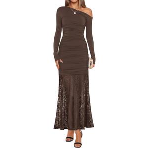 ZESICA Women's Long Sleeve Off Shoulder Bodycon Dresses Fall 2026 Ruched Lace Wedding Guest Cocktail Formal Maxi Dress (Brown, L)