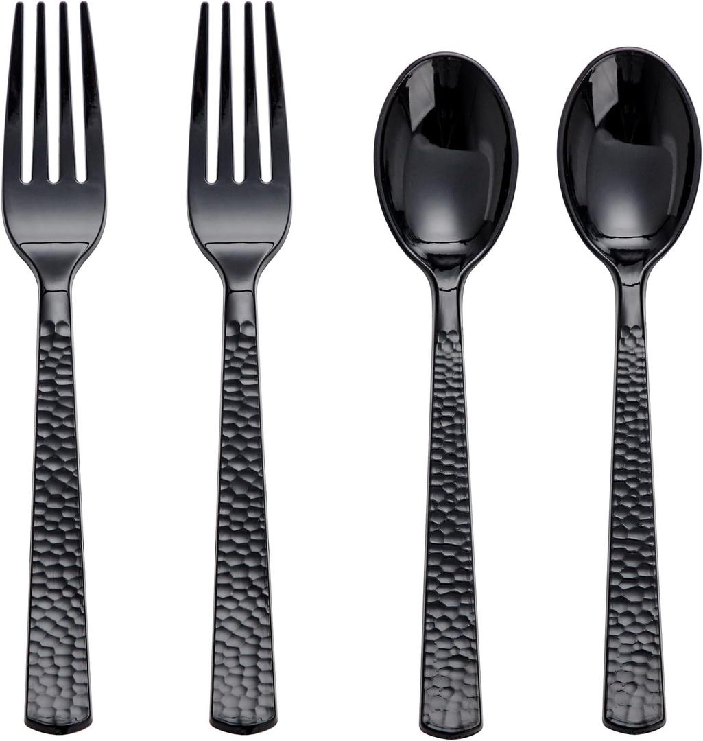 KIRE 400PCS Black Plastic Spoons and Forks Disposable - Black Plastic Silverware Set Disposable Cutlery - 200 Forks, 200 Spoons for New Year/Wedding