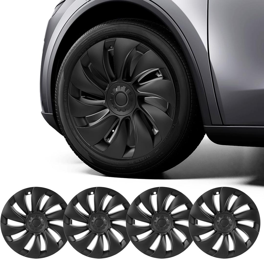 Tesla Model Y Juniper 19 Inch 4 Pcs Wheel Covers - Matte Black ABS Hubcaps with Rim Protectors | Replacement Compatible with 2025 2026 Model Y Juniper, not Compatible with Tesla Y 2021-2024