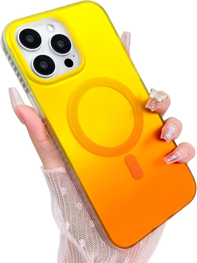 Aesthetic Case for iPhone 13 Pro Max Case for Women Girls, Compatible with Magsafe, Cute Girly Trendy Glitter Sparkly Rainbow Magnetic Protective Phone Cover, Matte Iridescent Yellow & Orange