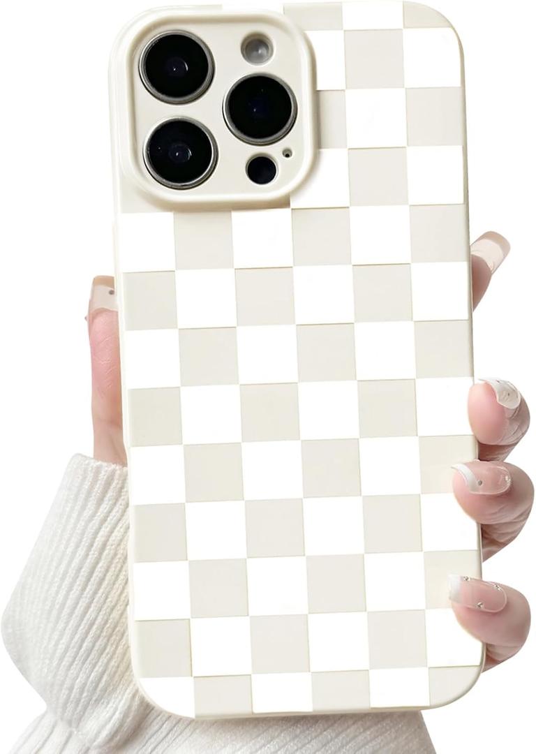 NITITOP Compatible with iPhone 16 Pro Max Case Cute Aesthetic Checkerboard Checkered Pattern for Women Girl Trendy Slim Fit TPU Silicone Shockproof Full Camera Protection Cover - White