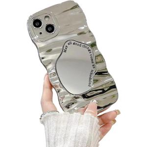 Compatible with iPhone 13 Wave Case with Makeup Mirror, Curly Frame Wave Shape Aesthetic Design Cases Soft Silicone Cute Shockproof Girly Cover Women Girls, Silver(6.1 inches)
