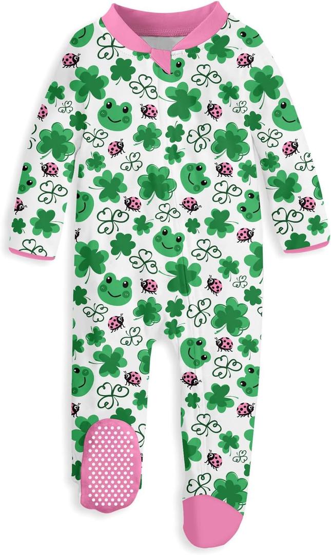 UNIFACO Baby Girls Boys Footed Pajamas One-Piece Sleeper Snug Fit Sleep and Play Zip Front Footie Romper 0-12 Month (A-a-a-lucky Clover)
