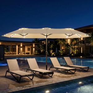 15ft Large Patio Umbrella with Solar Lights and Base, Double-Sided Outdoor Rectangle Umbrella with 48 LED Lights, Market Table Umbrellas with UV Resistant Canopy