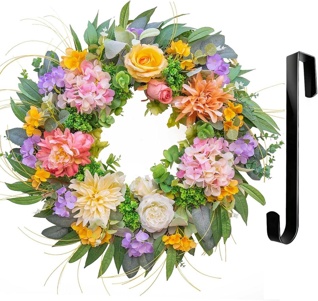 Spring Wreaths for Front Door, Soomeir Summer Peony Outdoor Wreath, Green Floral Door Decor for All Season Home Wall Wedding Farmhouse Holiday (Hydrangea Wreth With 12 Inch Hanger)