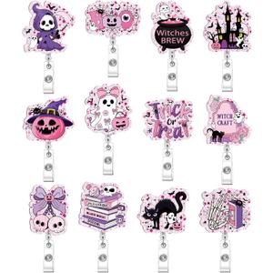 Kosiz 12 Pcs Halloween Badge Reels Cute Ghost Pink Pumpkin Haunted House Retractable ID Badge Holder with Alligator Clip Nurse Gifts for Nurses Doctors Rn Medical Office
