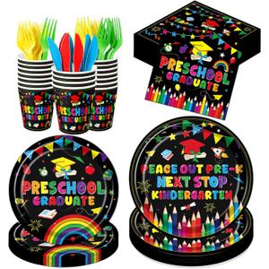 Pre K Graduation Decoration, 160 Preschool Grad Plates and Napkins Tableware Cups Set, Peace Out Pre-K Next Stop Kindergarten Grad Party Tableware Set Decor Supplies Serve 25