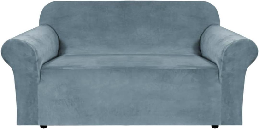H.VERSAILTEX Stretch Velvet Loveseat Covers for 2 Cushion Couch Covers for Living Room Sofa Covers Slipcovers with Non Slip Straps Bottom, Ultra Thick Comfy Velour (Width 58"-72", Stone Blue)