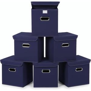 Closet Organizers Fabric Storage Bins With Lids Collapsible Cube Storage Organizer Basket With Handles,Storage Boxes for Clothes Storage,Office,Laundry,Shelves,6 Pack,（Navy Blue）