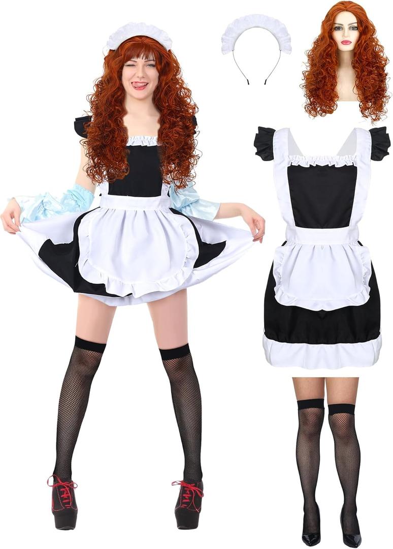 Maid Costume Set Includes Retro Frilly Aprons Curly Wig Mesh Socks Lace Headbands for Halloween Costume