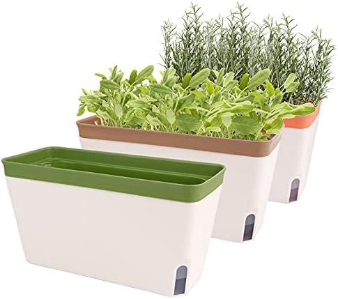 OurWarm Windowsill Herb Planter Box Indoor Set of 2, 10.5 Inch Self Watering Planter Pots with Visual Water Level Window, Modern Plastic Plant Pots for Herbs, Vegetables, Succulents Plants