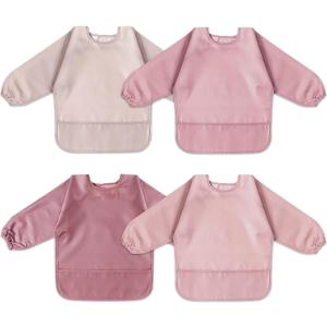 4 Pack Long Sleeve Bib, Reusable Bib with Catch-all Pocket (Pink)