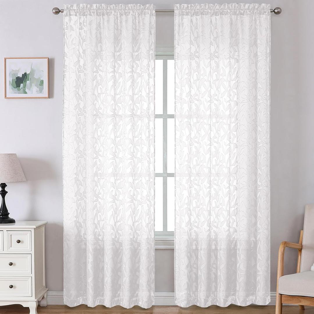 Lecloud Leia White Sheer Curtains 108 Inches Long 2 Panels, Airy Jacquard Leaf Textured Voile Curtains, Gauzy Aesthetic Drapes with Dual Rod Pockets for Living Room Bedroom, Each 52" W x 108" L