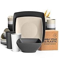 Teivio 48-piece Wheat Straw Square Dinnerware Set for 12, Unbreakable Dinner Plates, Salad Plates, Snack Bowls, Tumblers 13.5 oz, Dishwasher Safe, Gray Ombre