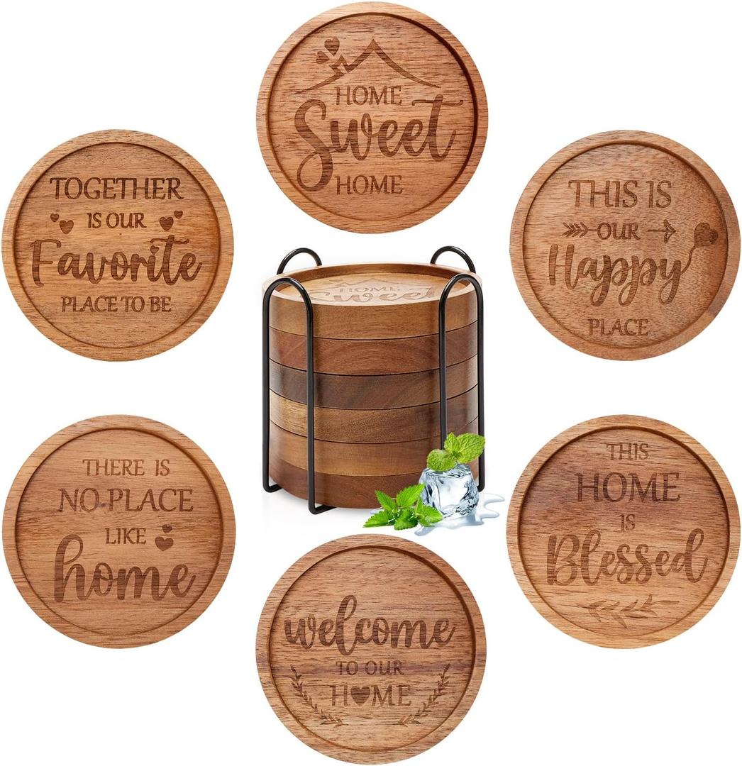 Best House Warming Gifts Acacia Wooden Coasters for Drinks Coffee Table Coaster Set of 6 Pack Farmhouse Decorations Family New Home Housewarming Decor Cute Cup Wood Coasters with Holder