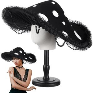 Mushroom Hat Renaissance Medieval Costume Cosplay Victorian Fairy Accessories with Bead Lace Brim Cap (Black)