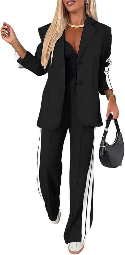 CHICME Womens Two Piece Outfits Striped Side Button Blazer and Pants with Pockets Sets Business Casual Pant Suits Set (Black, L)