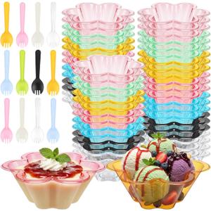 Patelai 50 Pack 8 oz Colorful Desset Cups with Spoons Disposable Ice Cream Sundae Bowls Flower Shape Clear Plastic Small Party Serving Cups for Ice Parfait Strawberry Yogurt (Multicolor)