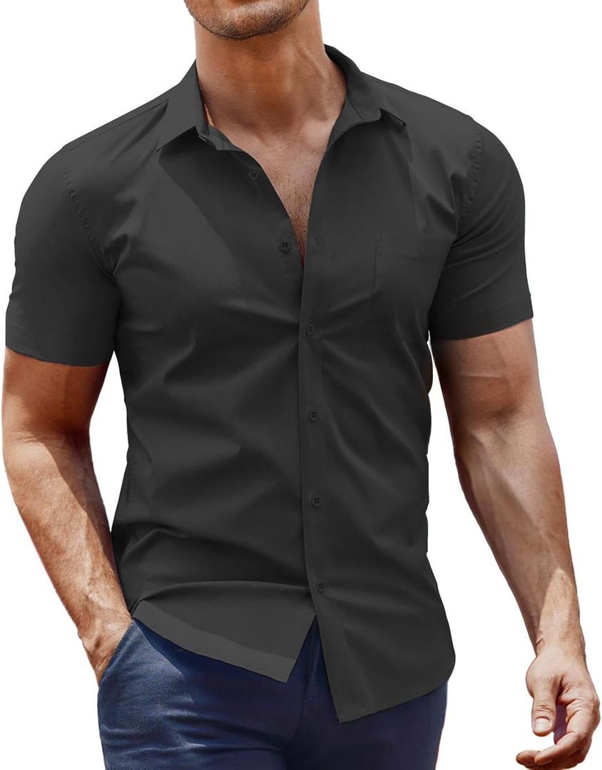 COOFANDY Men's Dress Shirt Short Sleeve Button Down Shirts with Pocket (Medium, 01- Black)